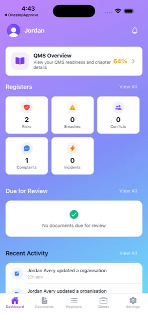 Onestop QMS app — registers and readiness dashboard